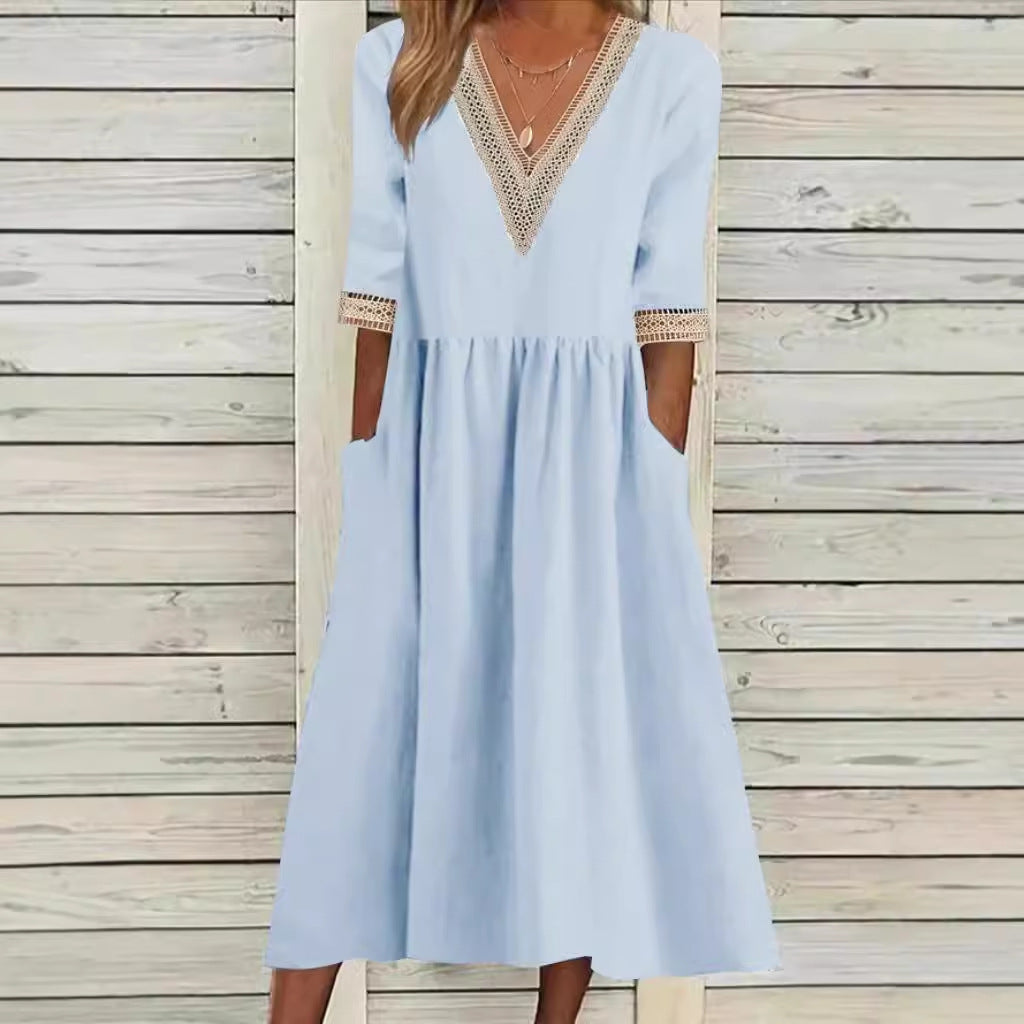 Women's Loose Cotton Linen Lace Collar Half Dress