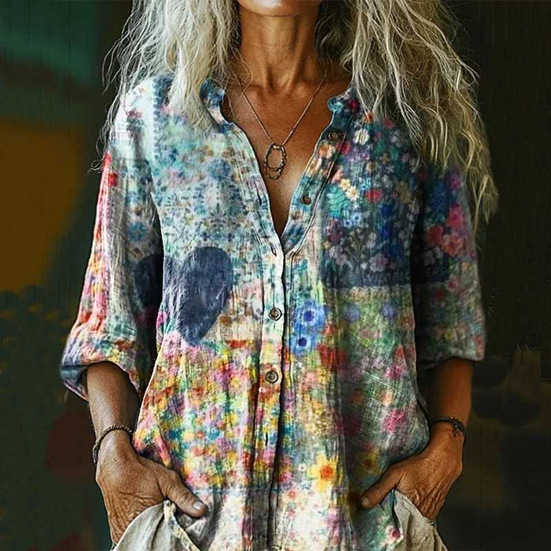 Women's Shirt Printed Exquisite Linen Fabric Tops