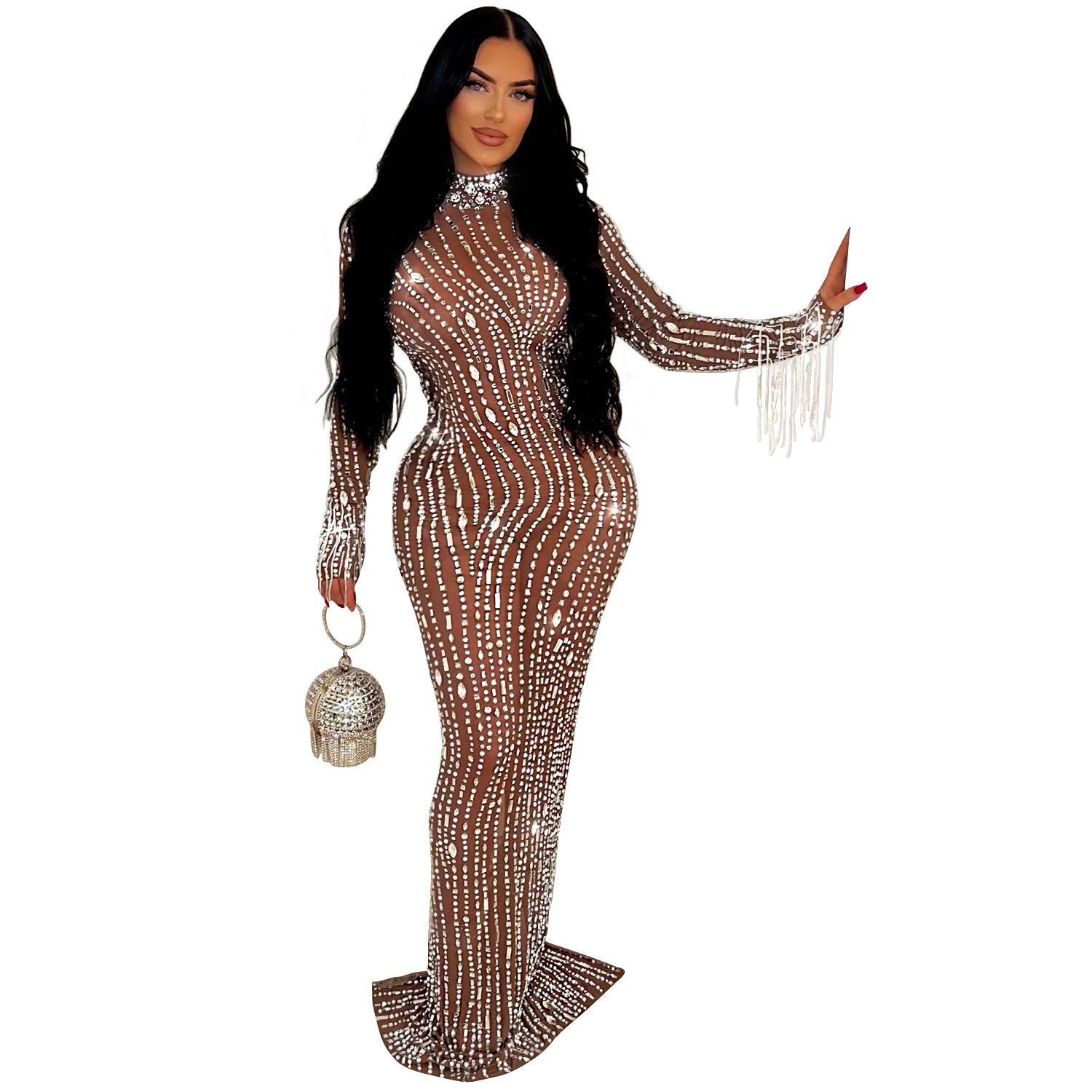 Women's Fashion Wear Pure Color Mesh Rhinestone Dress