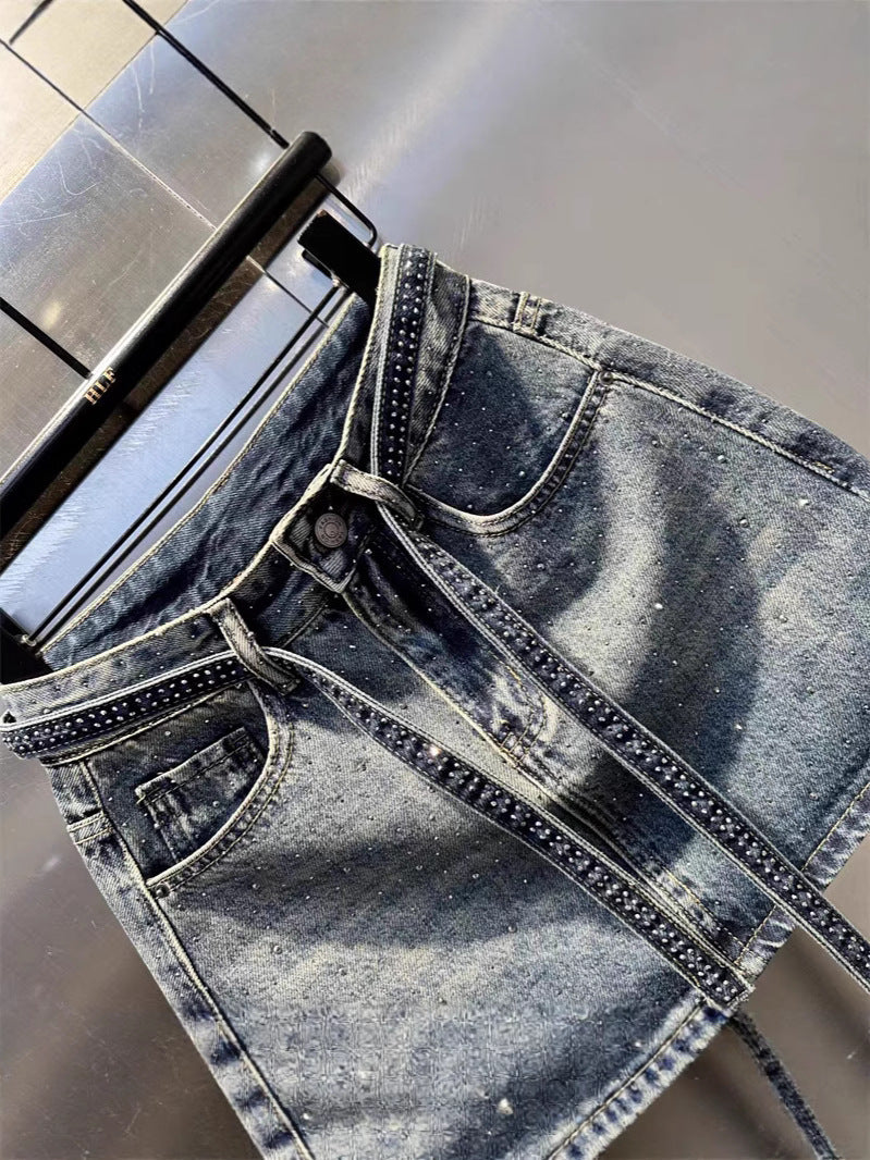 Rhinestone Denim High Waist Sexy A- Skirt
