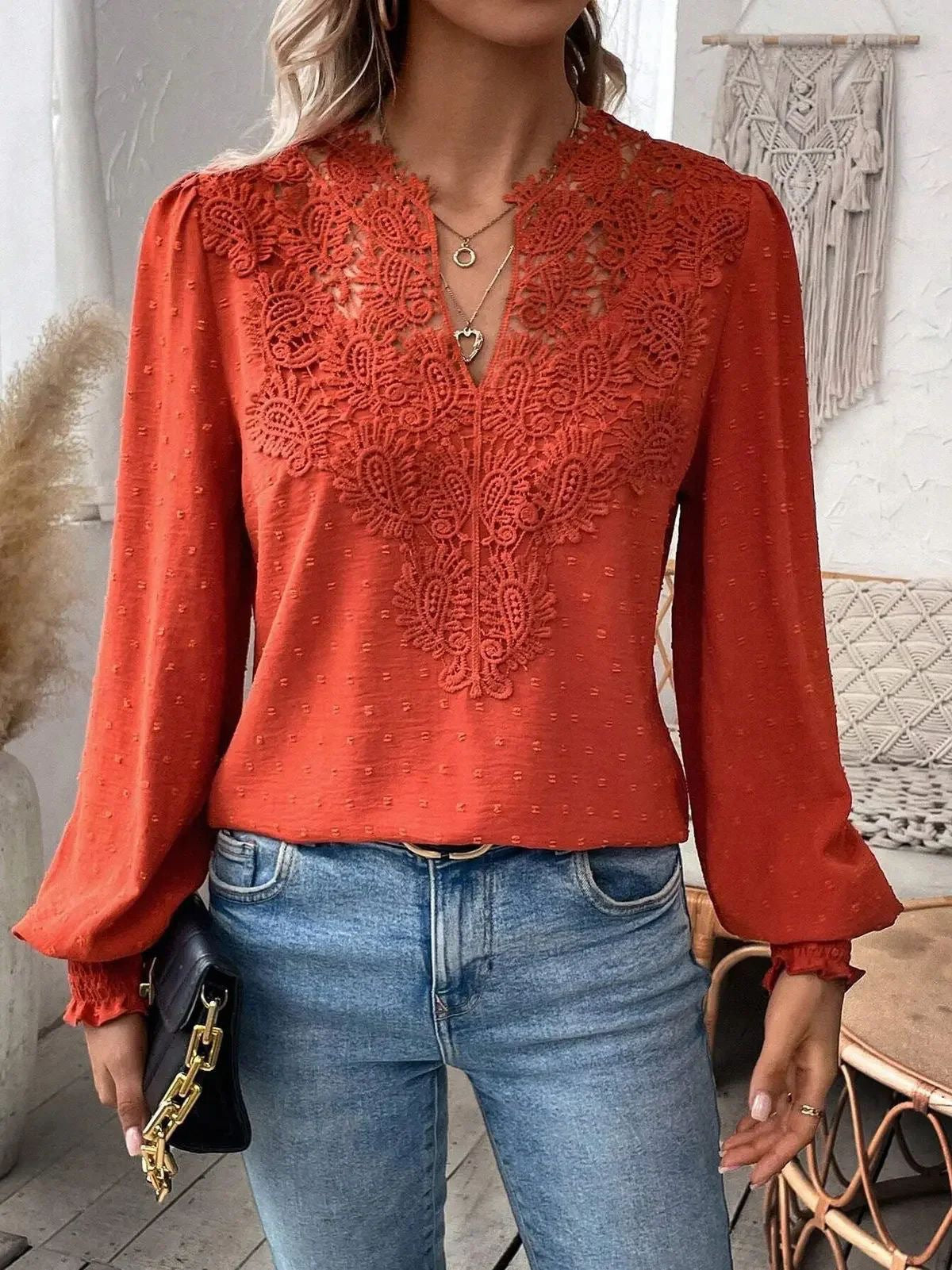 Women's Fashion Lace Solid Color Long Sleeve Women's T-shirt