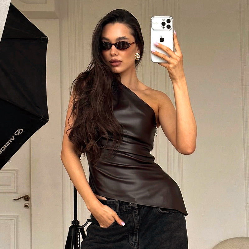 Women's Solid Color Sleeveless Diagonal Collar Zipper Tops