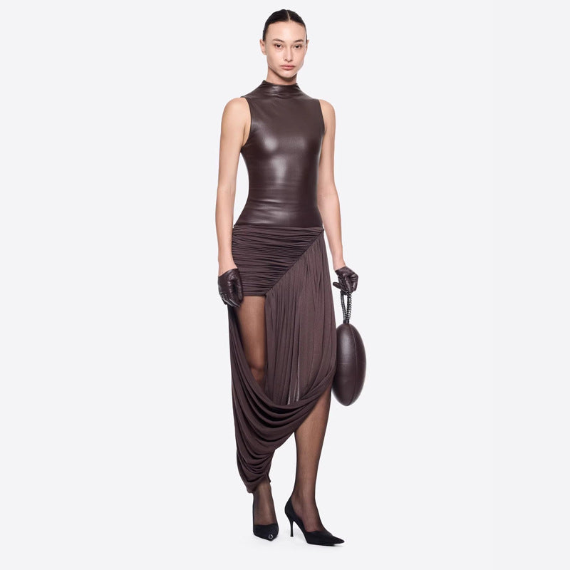 Fashion Personality Party Elegant Leather Sheath Hot Sleeveless Dress