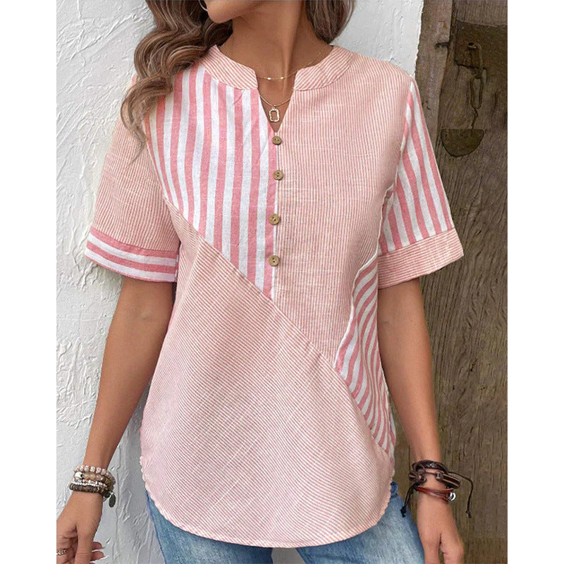 Women's Shirt Asymmetric Striped Stitching Cotton Linen Blouse