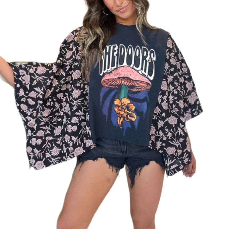 Women's Printed Round Neck Loose Casual Dolman Women's T-shirt