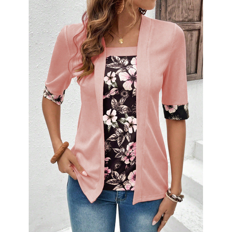 Women's Summer Fake Two-piece Sleeve Printed T-shirt Blouse