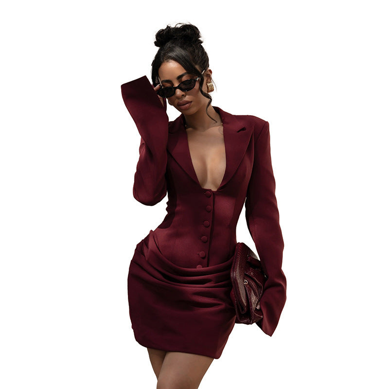 Women's Winter Casual Solid Color Deep Double-breasted Dress