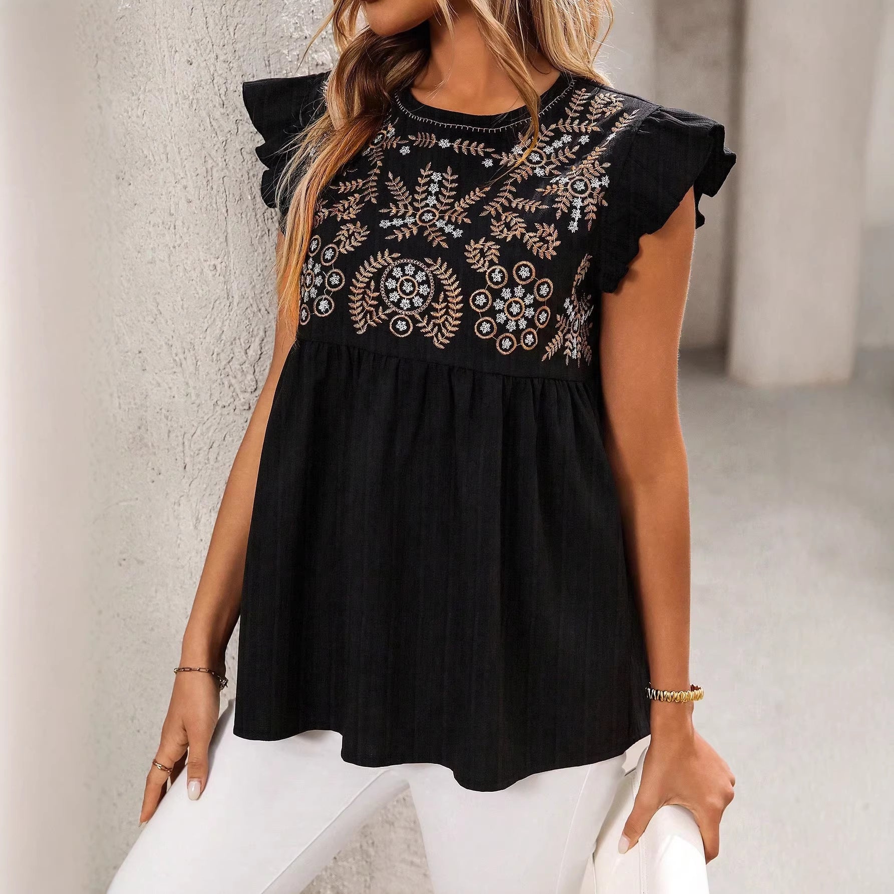 Women's National Style Embroidered Shoulder Flying Sleeves Fashion Casual Tops