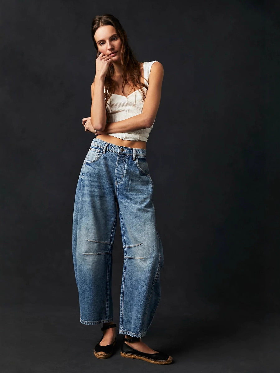 Women's Autumn Casual Loose Mid Waist Cylindrical Women's Jeans