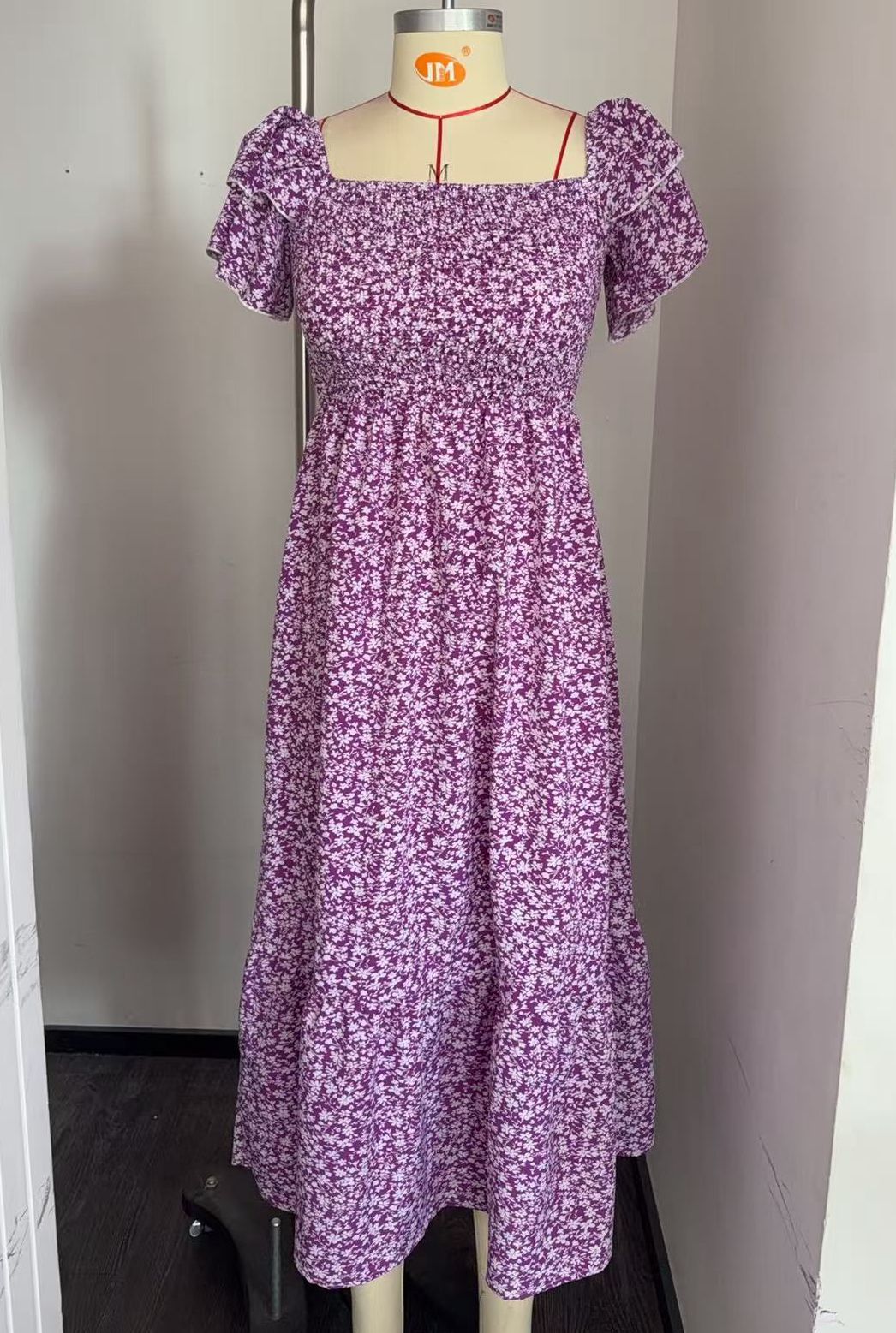 Women's Smocking Sleeve Square Collar Floral Long Dress