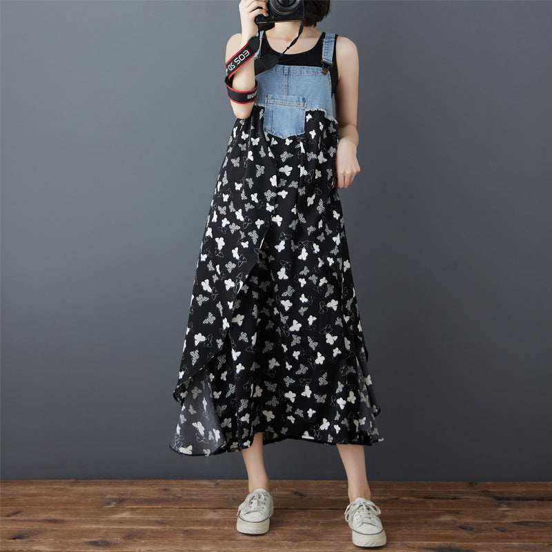Color Loose Denim Stitching Floral Strap Dress