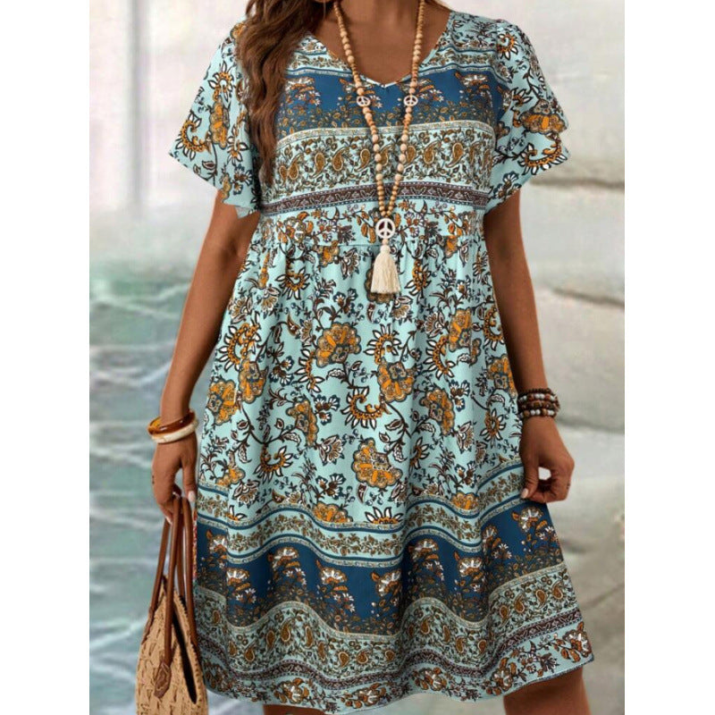 Floral Print Sleeve Pullover Crew Neck Casual Dress