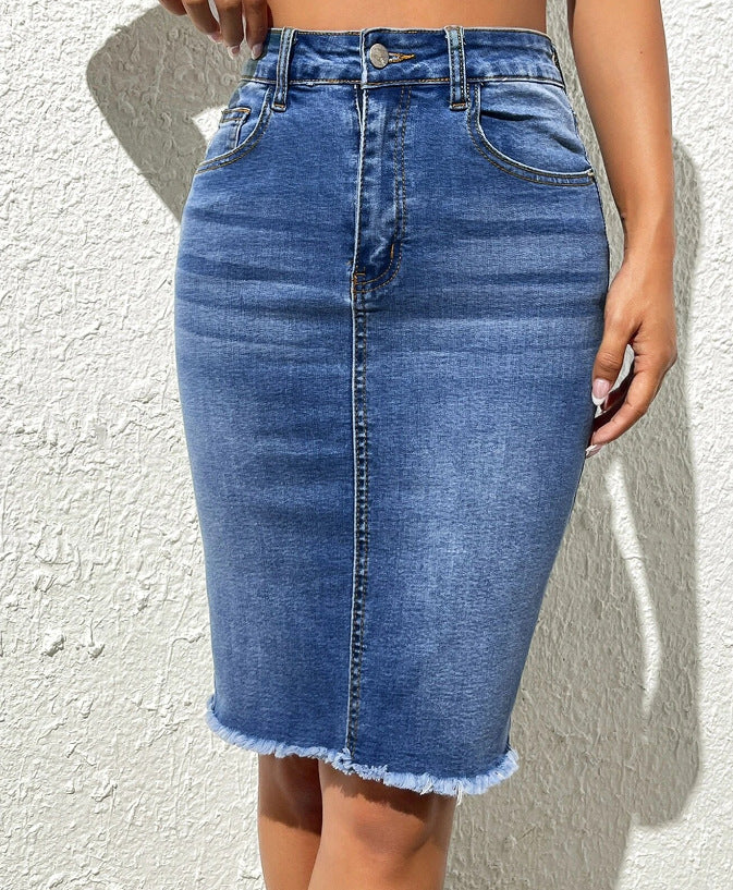 Stretch High Waist Frayed Denim Package Skirt