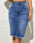 Stretch High Waist Frayed Denim Package Skirt