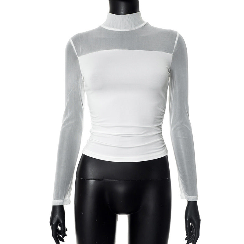 Women's Pure Color Half Collar Mesh Stitching Women's T-shirt