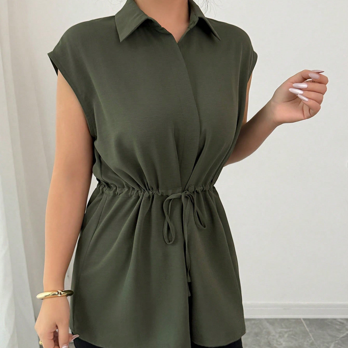 Women's Fashion Loose Waist Single-breasted Solid Color Collar Women's T-shirt