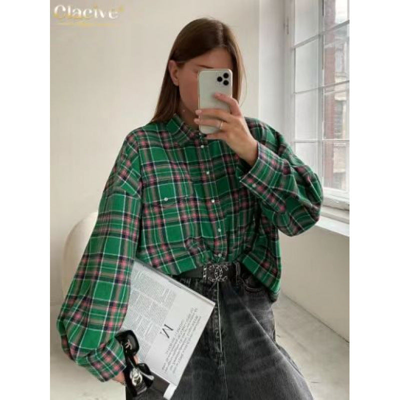 Women's Style Lapel Loose Shirt Autumn Plaid Long Blouse