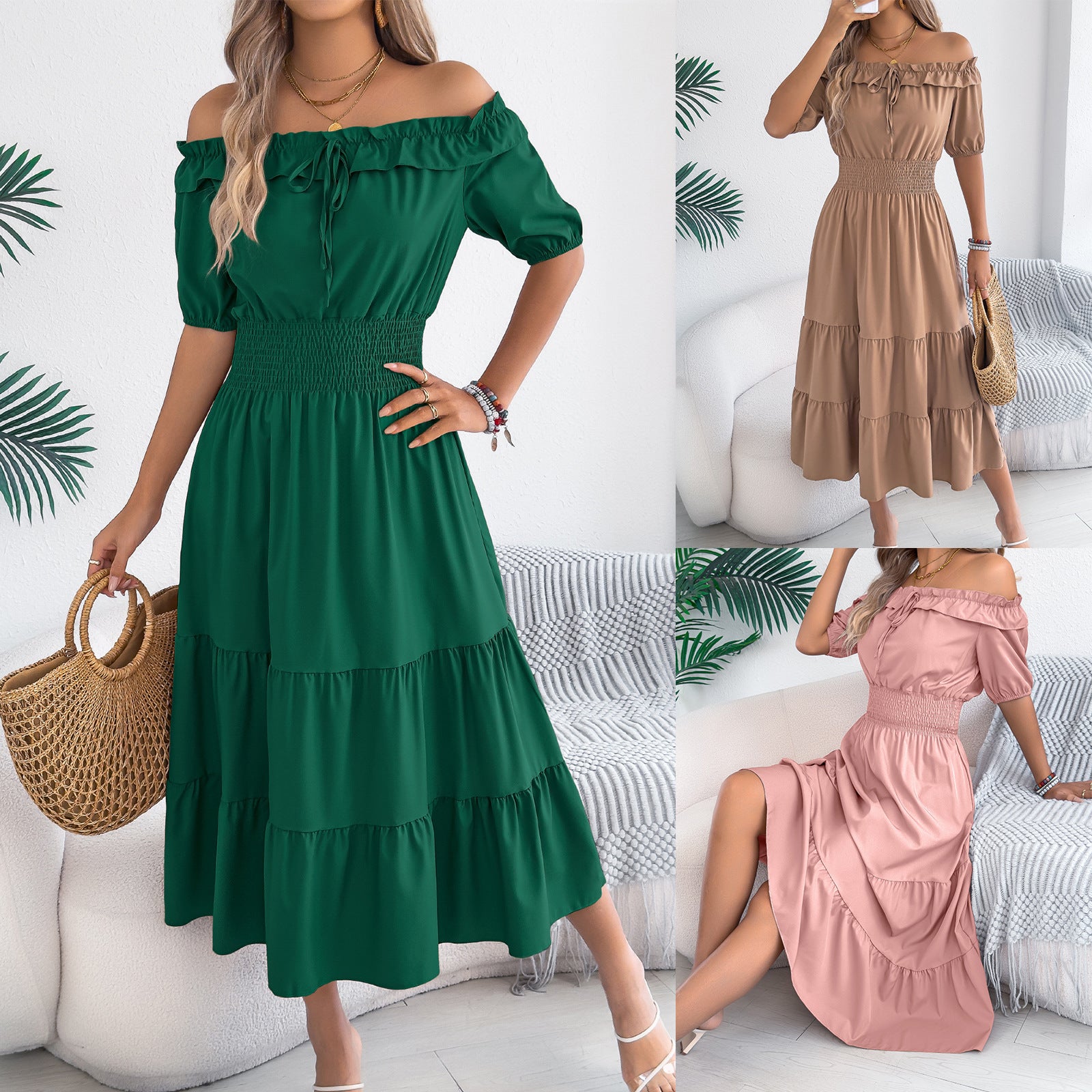 Women's Casual Stringy Seedge Sleeve Smocking Long Dress