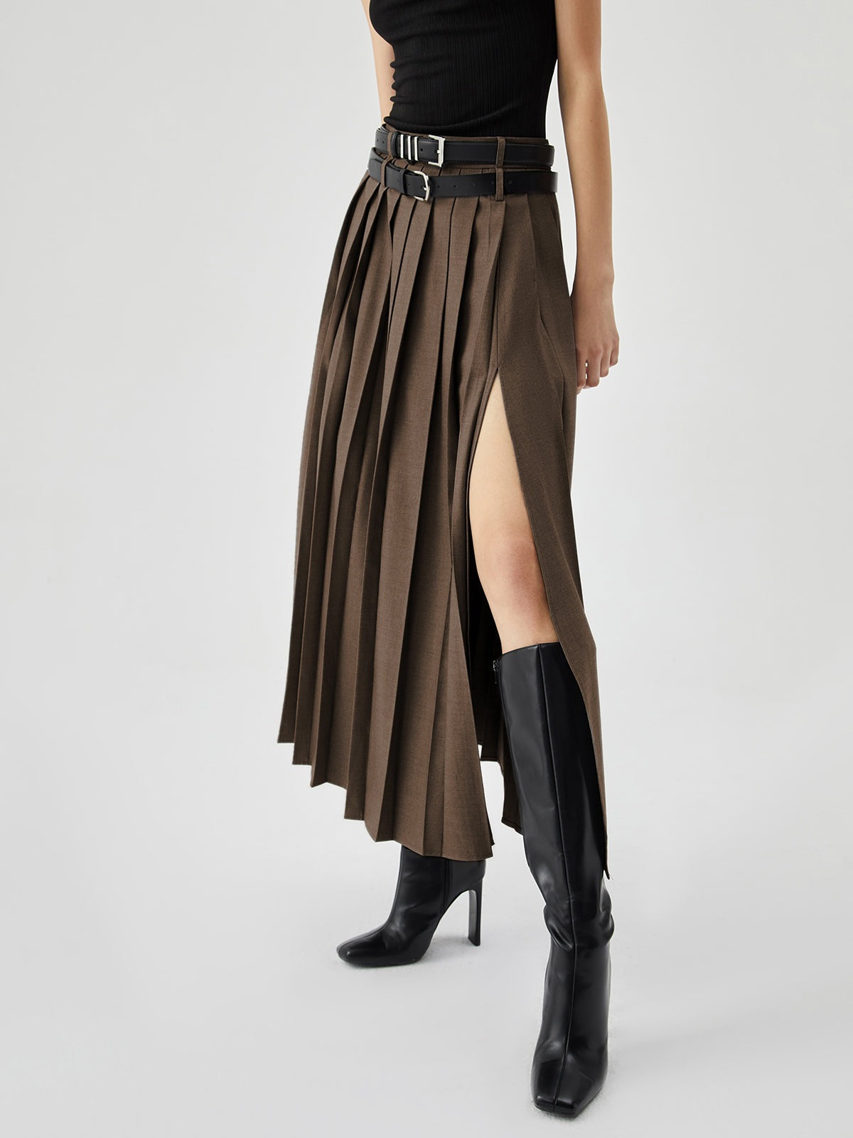 Women's Gray Pleated High Waist Slimming Slit Skirt