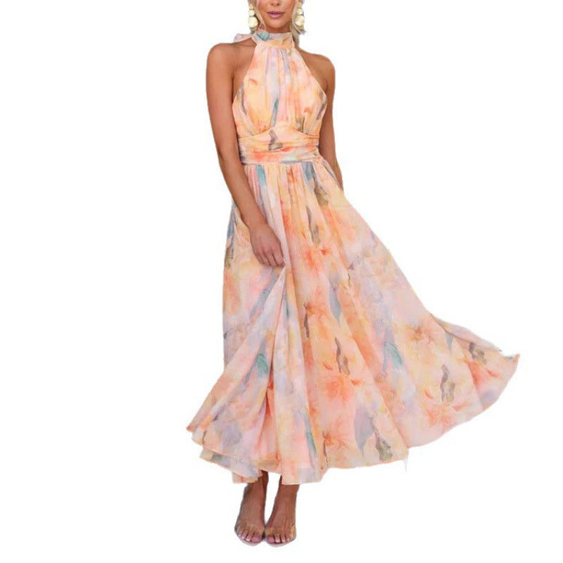 Women's Summer Vacation Style Sleeveless Printed Backless Dress