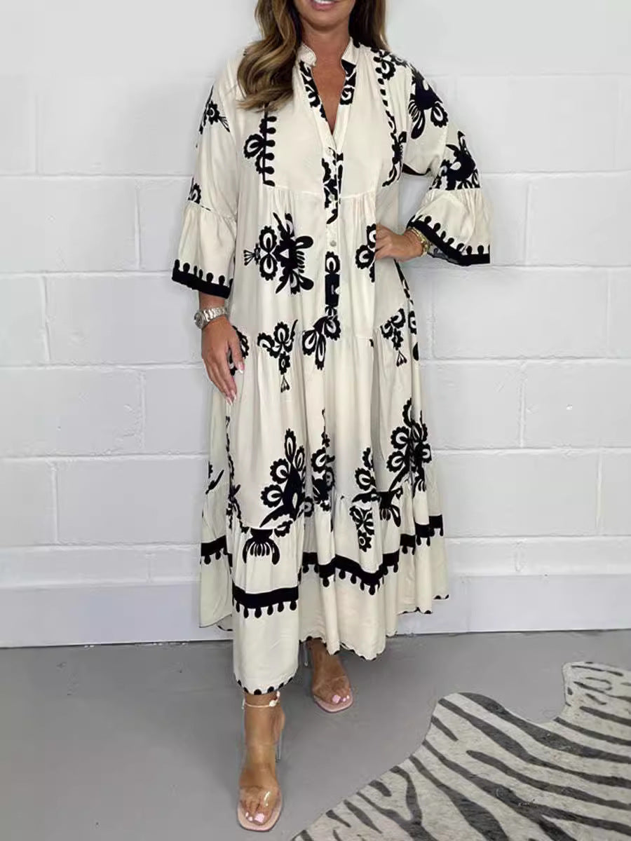 Women's Elegant Print Stand-up Collar Cinched Dress