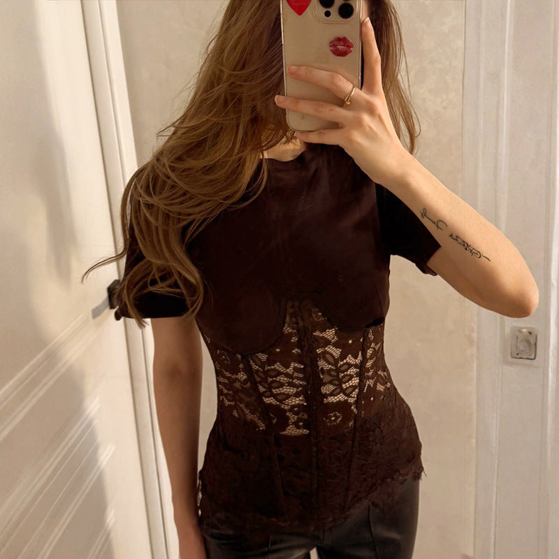 Women's Round Neck Sexy Lace Stitching Tops