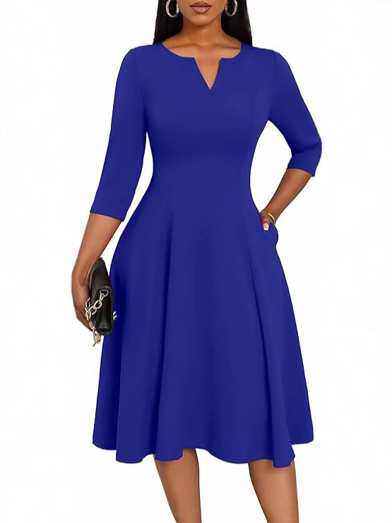 Mid-length Flared Three-quarter Sleeve Guest Work Dress