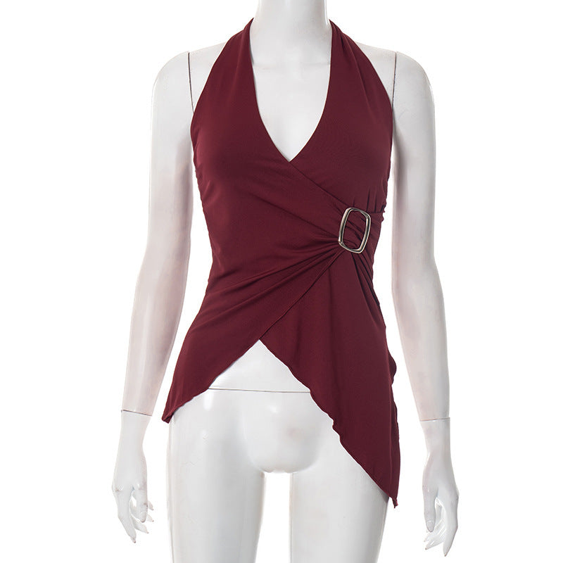 Women's Summer Solid Color Sleeveless Sexy Halter Women's T-shirt