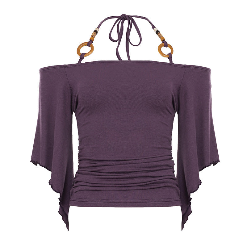 Vintage Stripe Flare Sleeve Hot Beaded Halter Niche Women's T-shirt