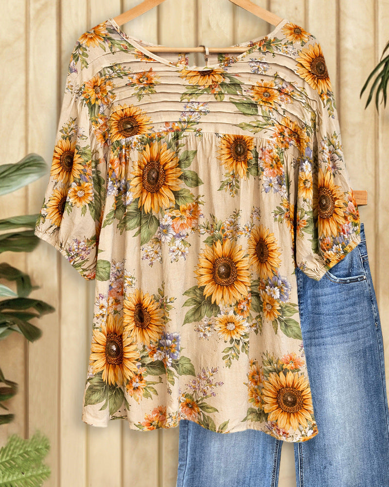 Women's Pleated Round Neck Printed Shirt Blouse