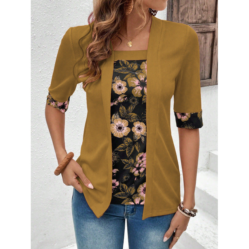 Women's Summer Fake Two-piece Sleeve Printed T-shirt Blouse
