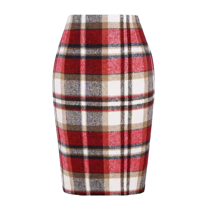 Women's Pencil Tartan High Waist Tight Hip Knee-length Dress
