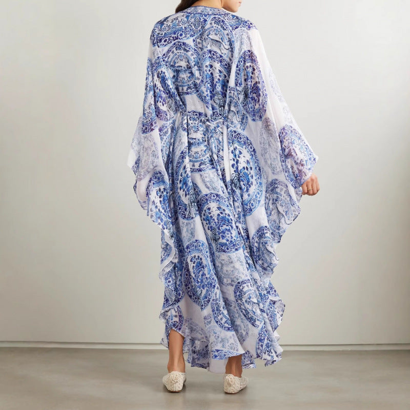 Women's Summer Blue White Porcelain Printed Loose-fitting Plus Size