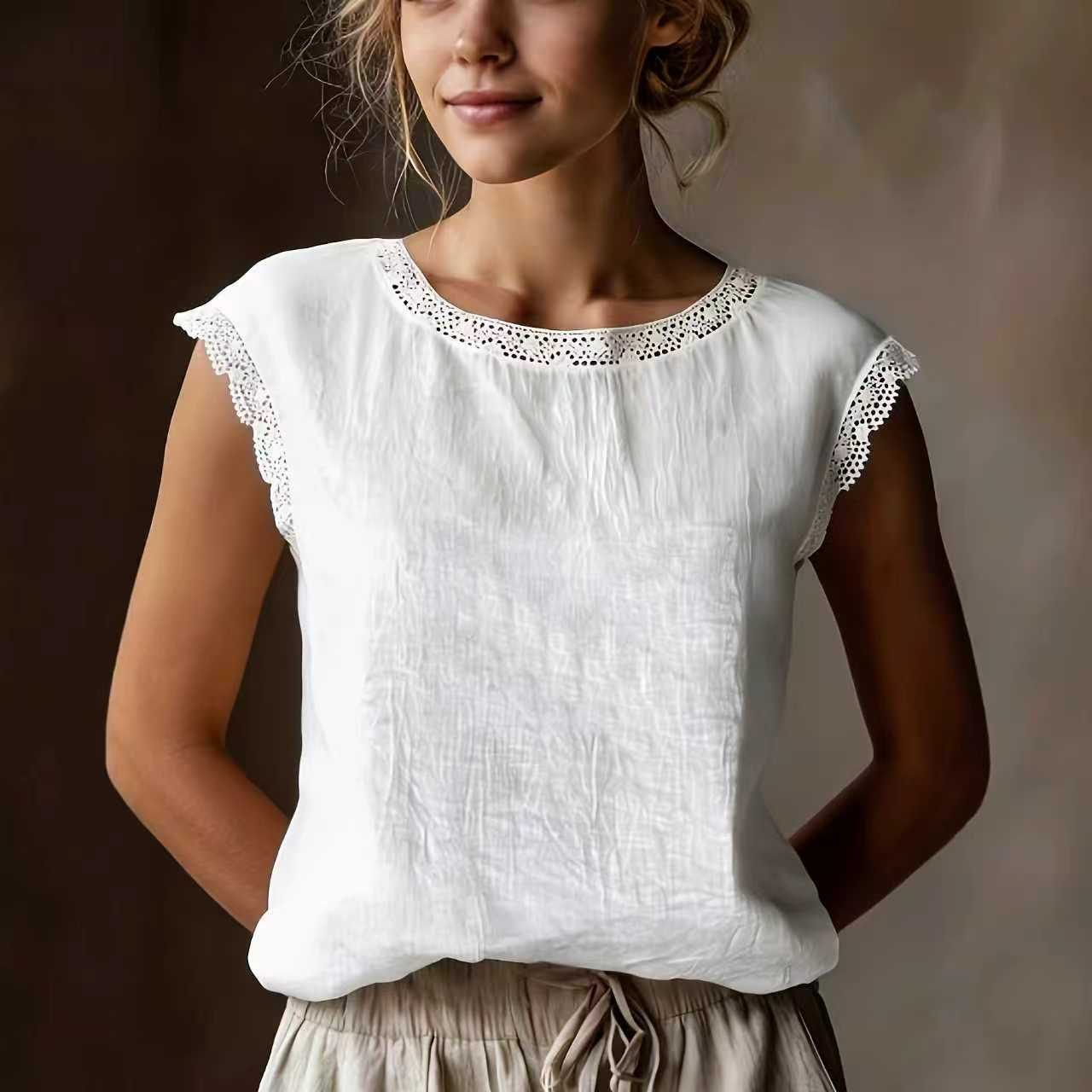Women's Solid Color Round Neck Lace Stitching Sleeveless Linen Blouse