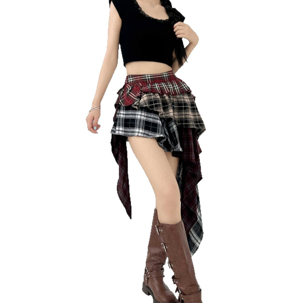 Women's Contrast Patchwork Plaid High Waist Slimming Skirt