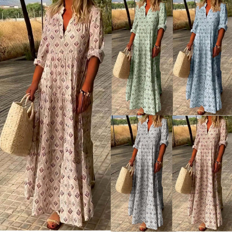 Women's Summer Retro Standing Collar Fashion Loose Dress