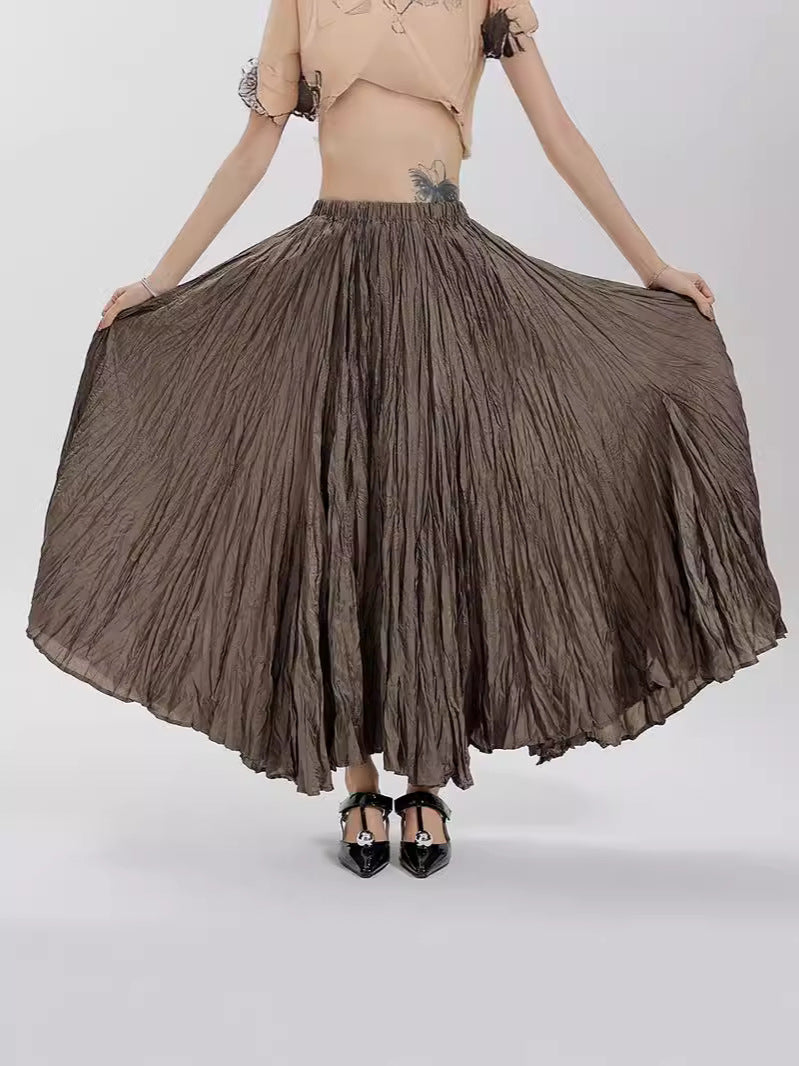 Women's Irregular Pleated A- Line Large Hem Umbrella Elastic High Waist Skirt