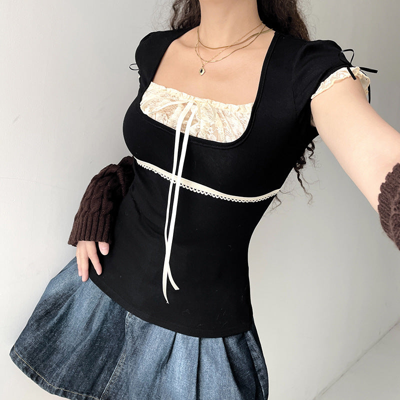 Women's Winter Color Contrast Patchwork Lace Square Collar Tops