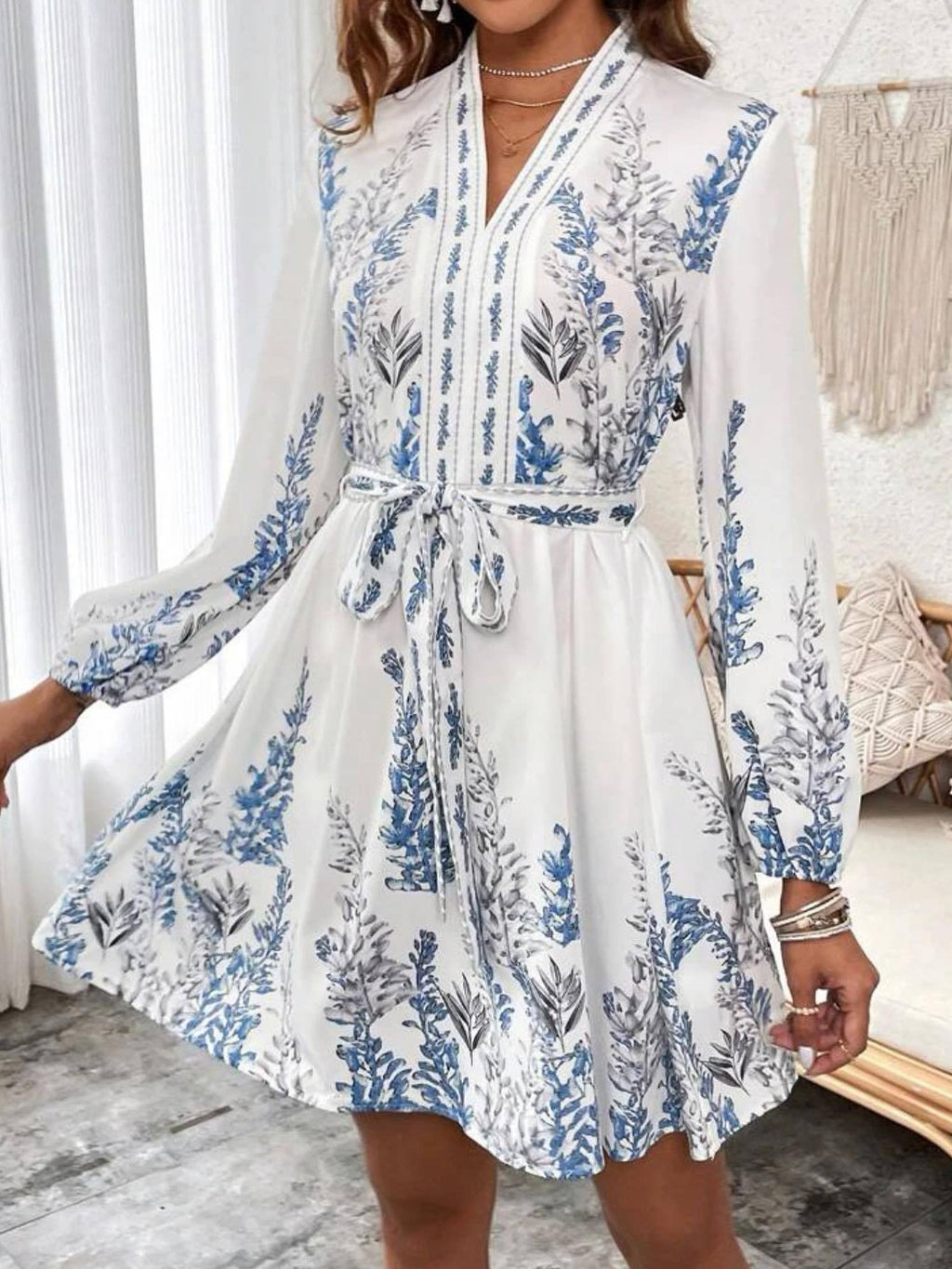 Women's Spring Fashion Long Sleeve Bohemian Print Dress