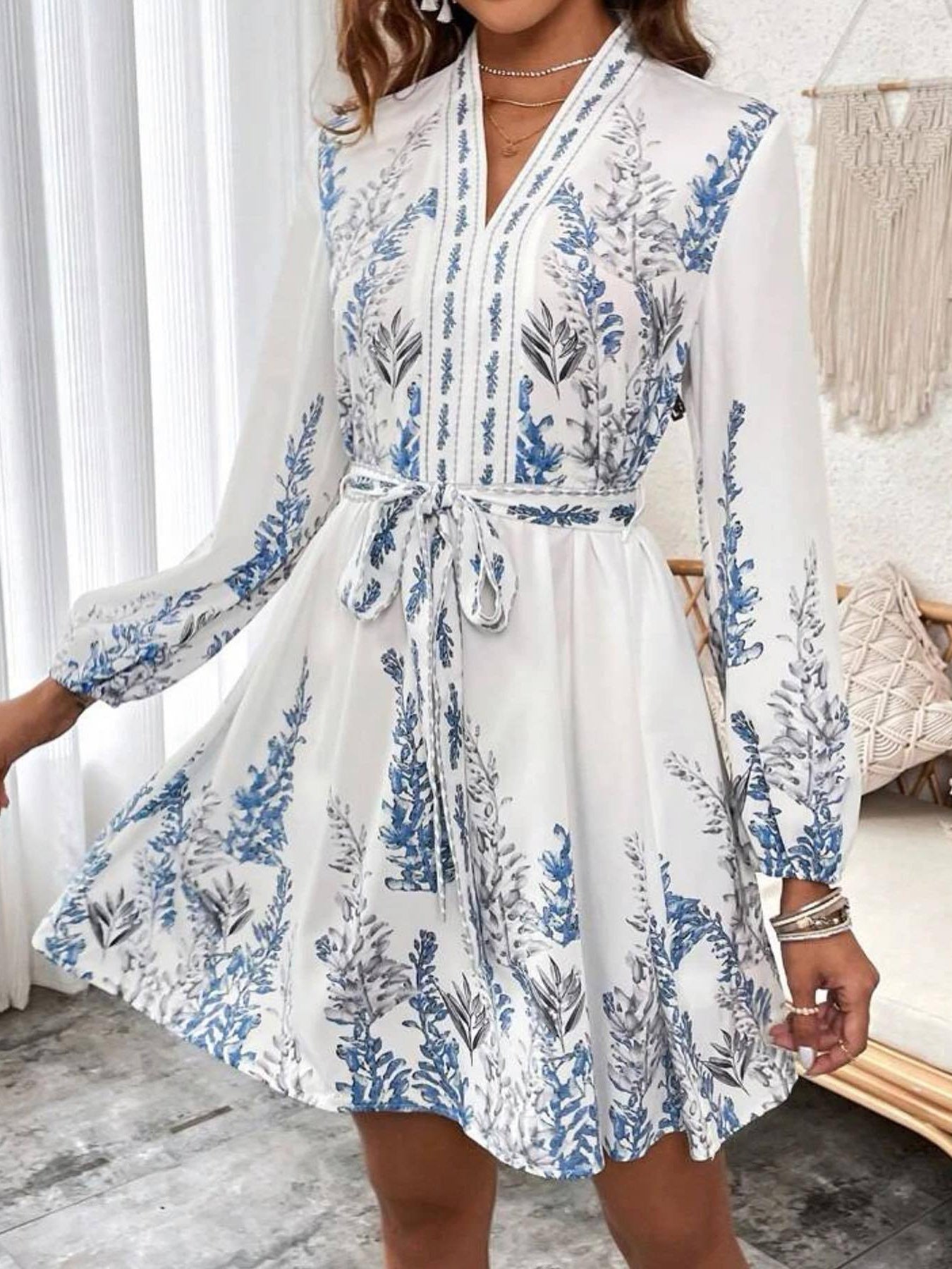 Women's Spring Fashion Long Sleeve Bohemian Print Dress