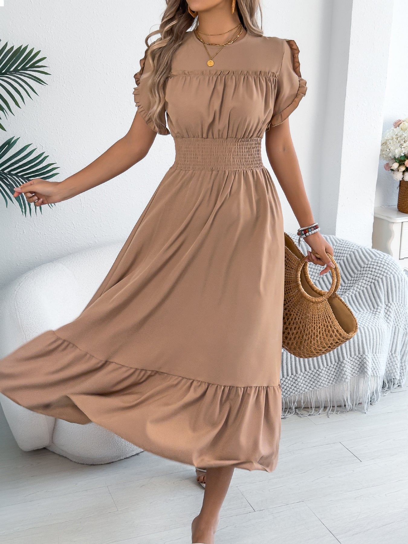 Women's Casual Stringy Seedge Sleeve Smocking Large Hem Shorts