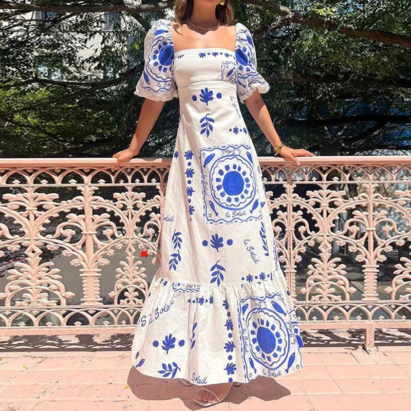 Women's Spring Elegant Fashion Lantern Sleeve Printing Dress