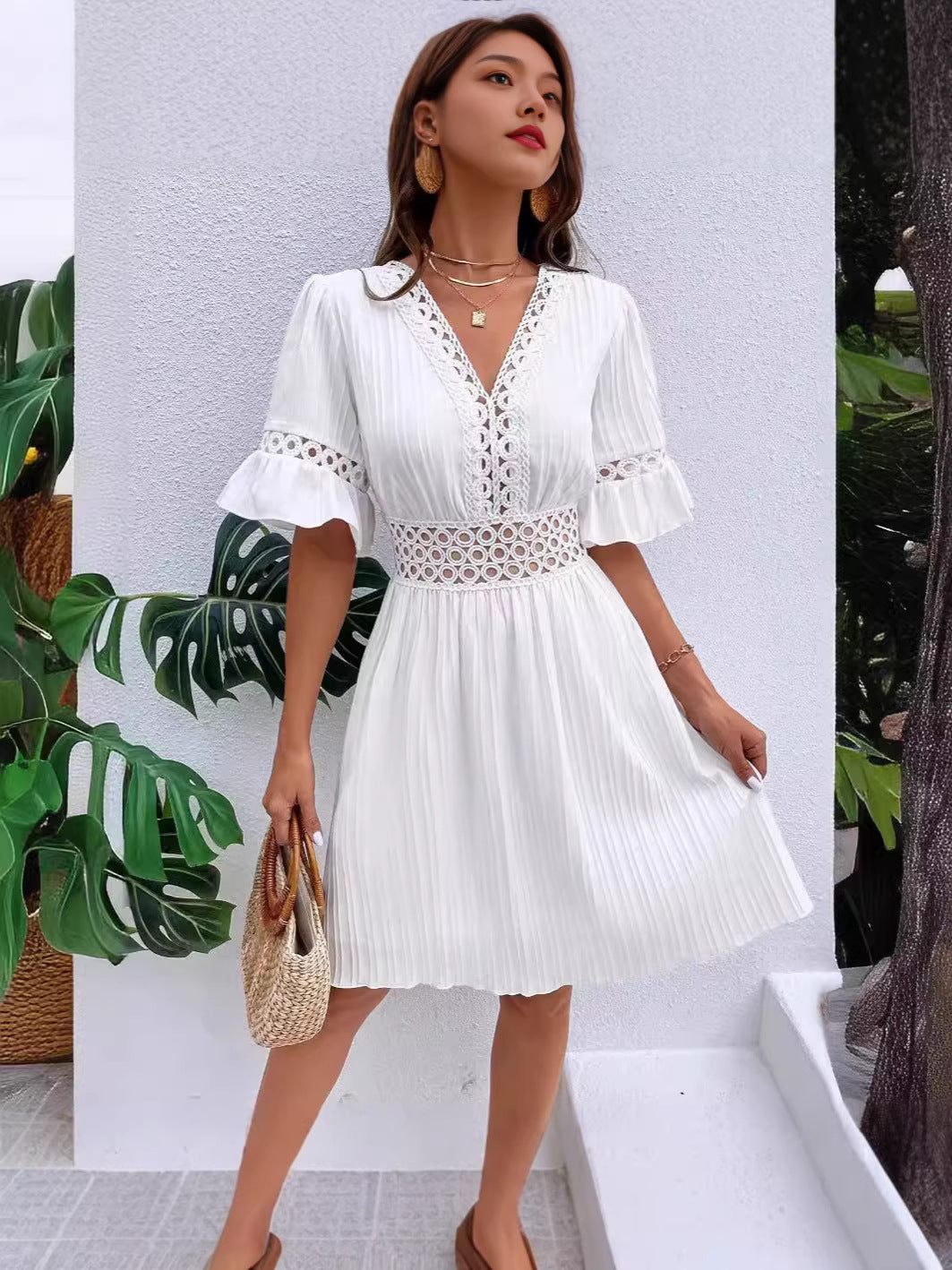 Women's Summer Stitching Lace Fashion Tight Waist Solid Dress