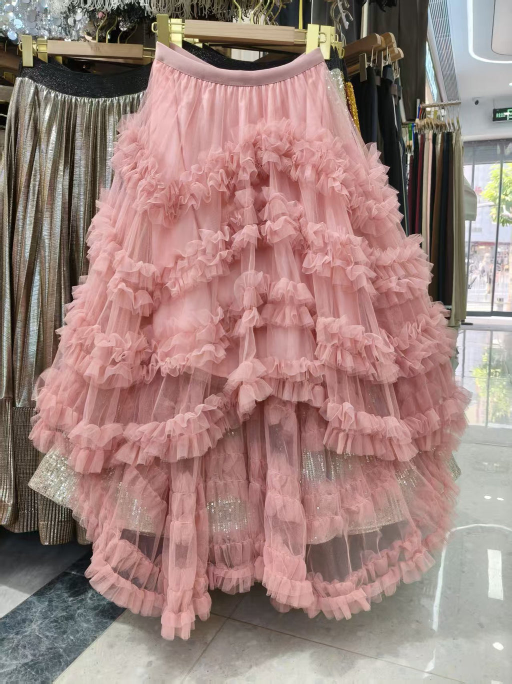 French Romantic Ruffled Mesh Bubble Front Back Long Irregular Cake Skirt