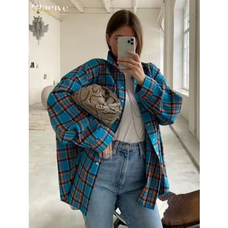 Women's Style Lapel Loose Shirt Autumn Plaid Long Blouse