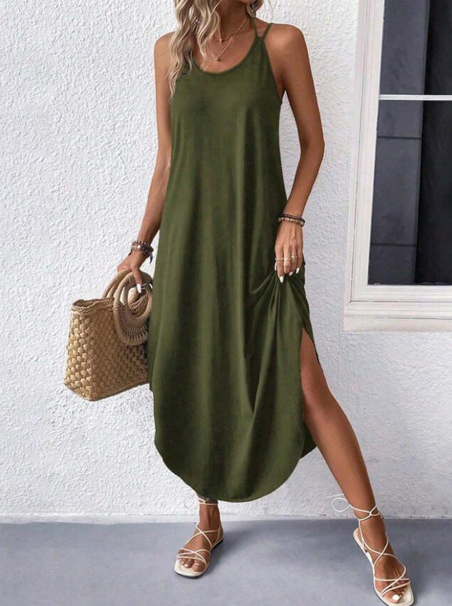 Summer Solid Color High Sense Round Neck Camisole Dress
