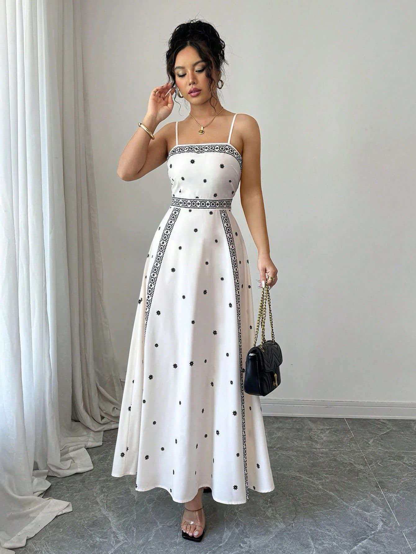 Women's Elegant Sling White Printing Long Dress