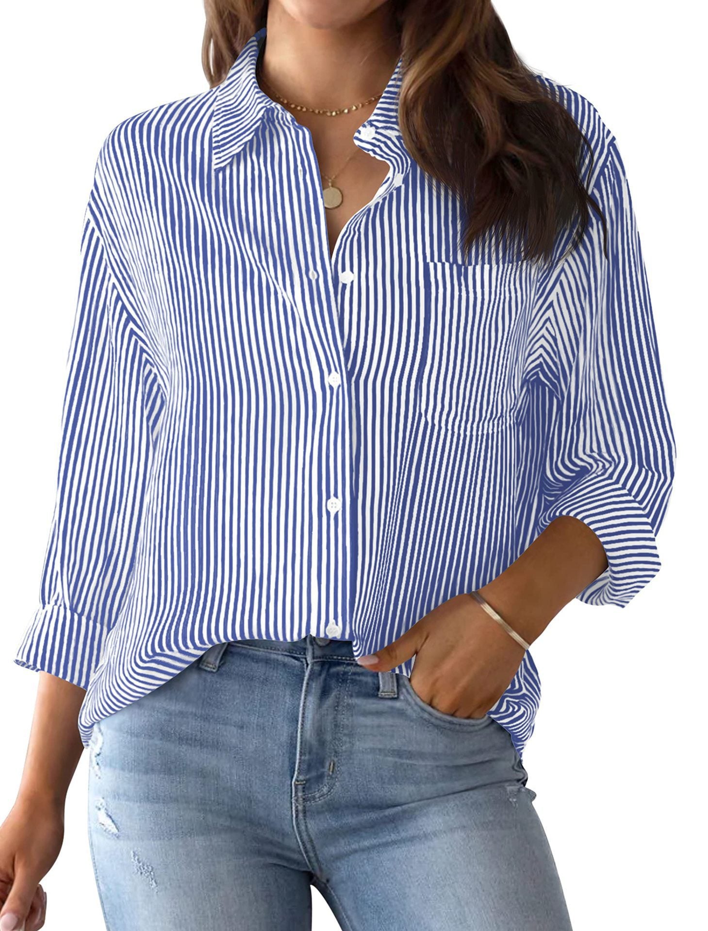 Women's With Pocket Loose Striped Classic Long Sleeve Tops