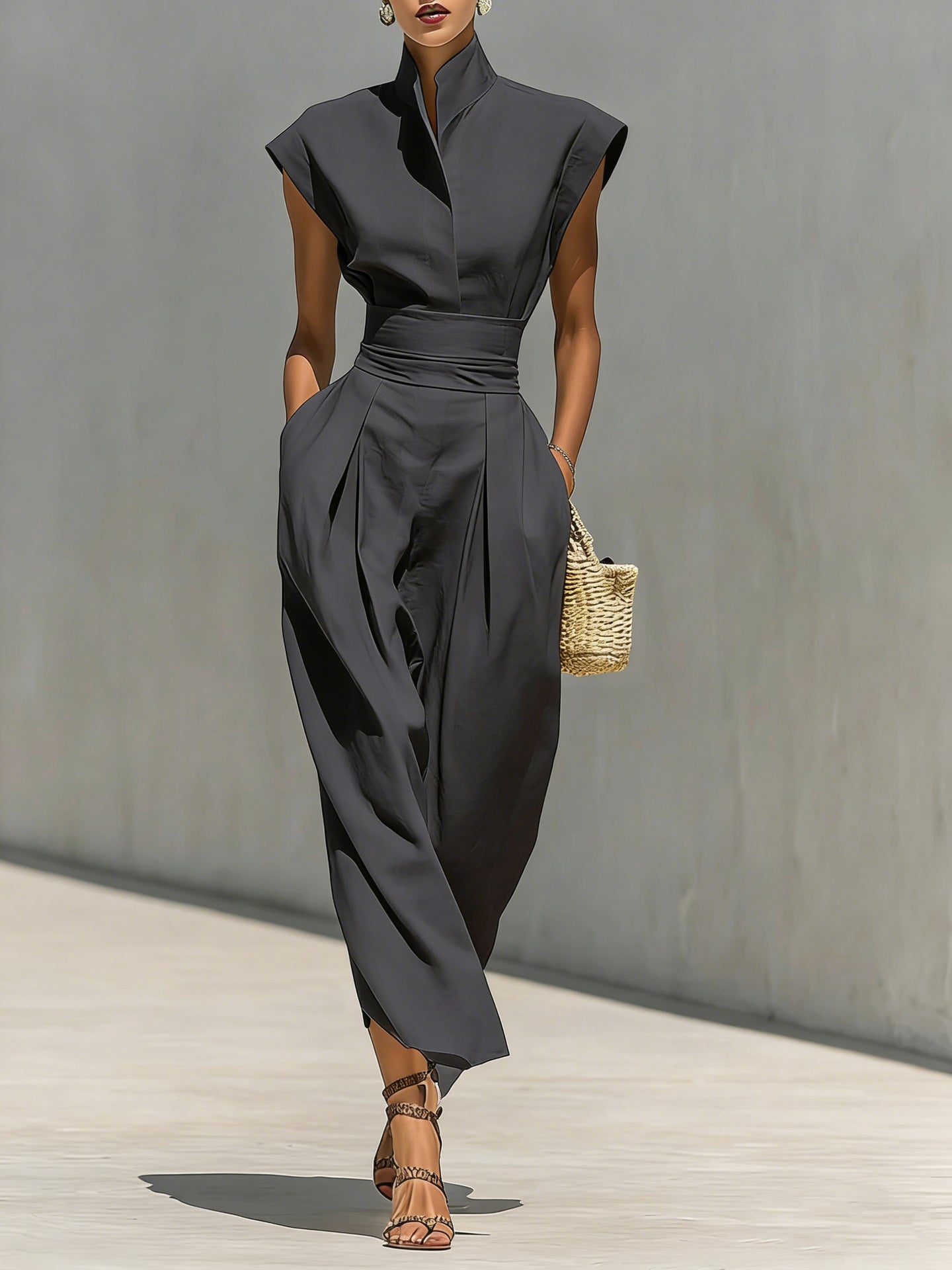 Women's Elegant High Waist Long Collar Loose Dress