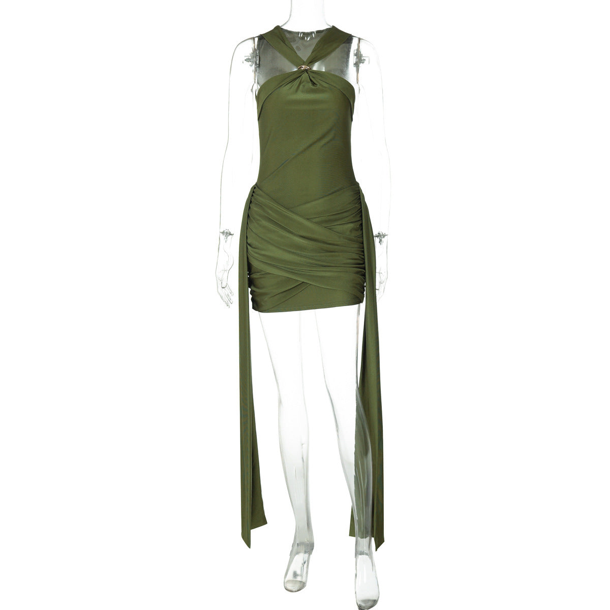 Women's Sleeve Halter Pleated Waist Tight Slim Dress